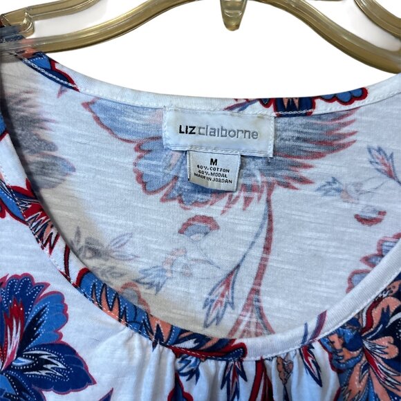 Liz Claiborne Women's Top Size Medium Red White Blue Floral - Picture 2 of 7